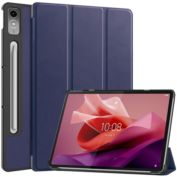 For Lenovo Tab P12/Xiaoxin Pad Pro 12.7 inch Custer Solid Color 3-Fold Stand Leatherette Tablet Case(Dark Blue)