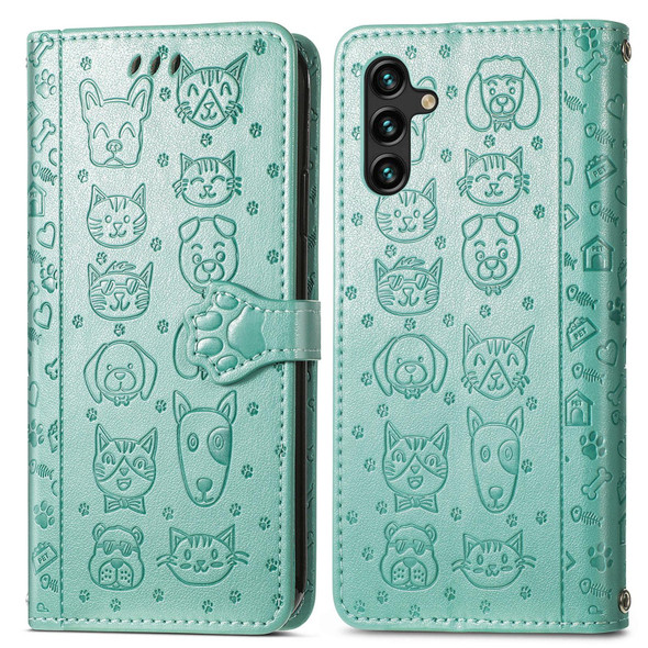 For Samsung Galaxy A24 4G Cute Cat and Dog Embossed Flip Leatherette Phone Case(Green)
