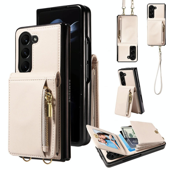 For Samsung Galaxy Z Fold5 5G Crossbody Lanyard Zipper Wallet Leatherette Phone Case(Beige)