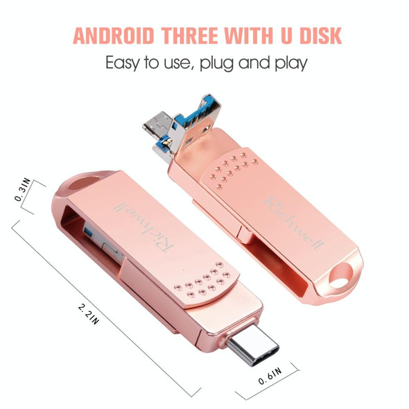 Richwell 3 in 1 64G Type-C + Micro USB + USB 3.0 Metal Flash Disk with OTG Function(Rose Gold)