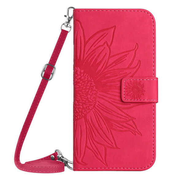 For Motorola Moto G84 HT04 Skin Feel Sun Flower Embossed Flip Leatherette Phone Case with Lanyard(Rose Red)