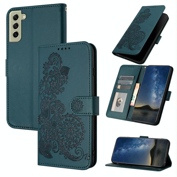 For Samsung Galaxy S21 FE Datura Flower Embossed Flip Leatherette Phone Case(Dark Green)