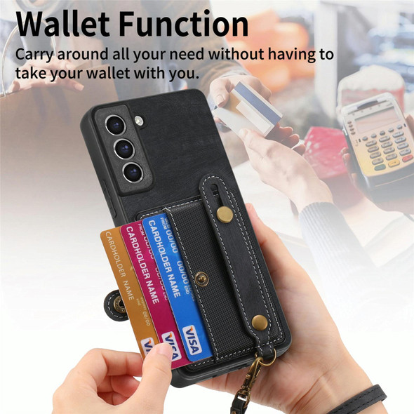 For Samsung Galaxy S21 FE 5G Retro Cross Wristband Wallet Leatherette Back Phone Case(Black)