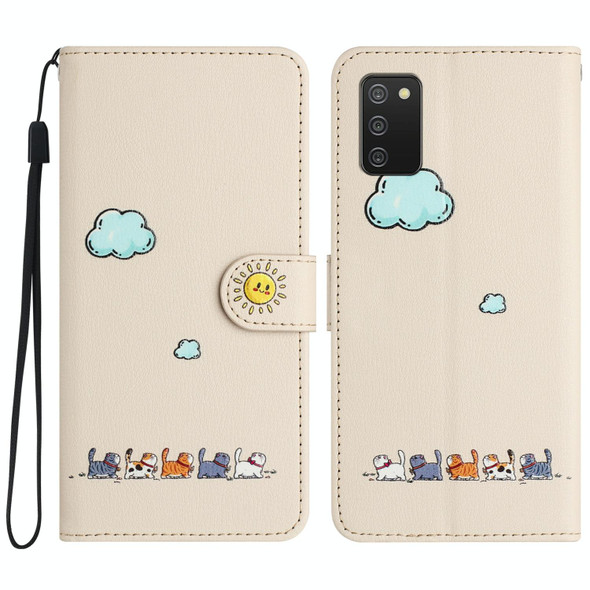 For Samsung Galaxy A03s Cartoon Cats Leatherette Phone Case(Beige White)