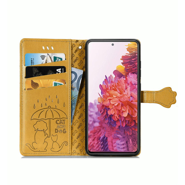 For Galaxy S20 FE / S20 Lite Cute Cat and Dog Embossed Horizontal Flip Leatherette Case with Bracket / Card Slot / Wallet / Lanyard(Yellow)
