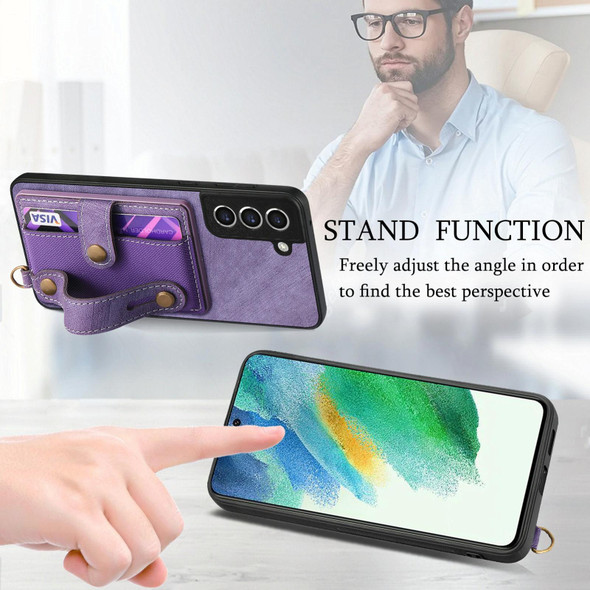 For Samsung Galaxy S21 FE 5G Retro Cross Wristband Wallet Leatherette Back Phone Case(Purple)