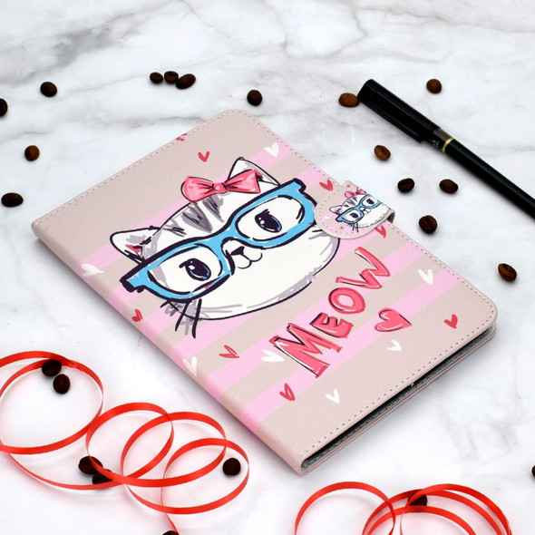 Colored Pattern Drawing Horizontal Flip PU Leatherette Case with Three-folding Holder & Sleep / Wake-up Function for iPad 5 / 6 / 8(Glasses cat)