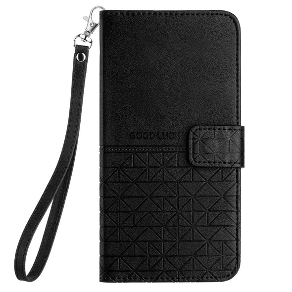 For OPPO A16 Rhombic Texture Leatherette Phone Case with Lanyard(Black)