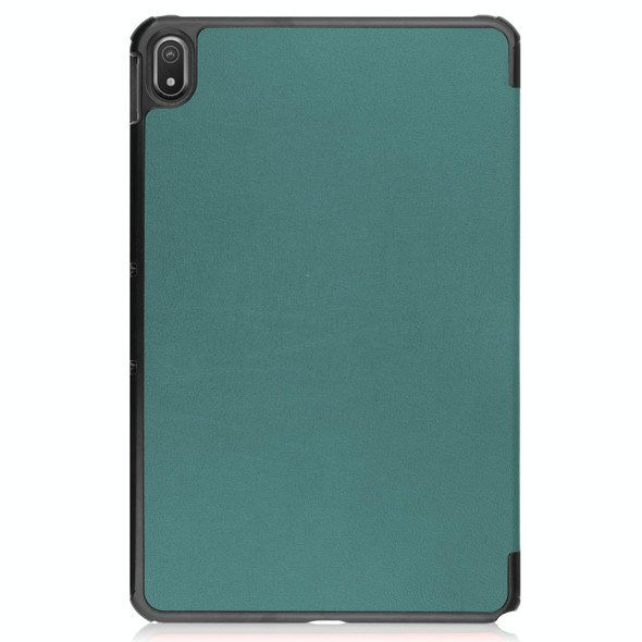 For Nokia T20 Three-folding Holder Custer Texture Leatherette Tablet Case(Dark Green)