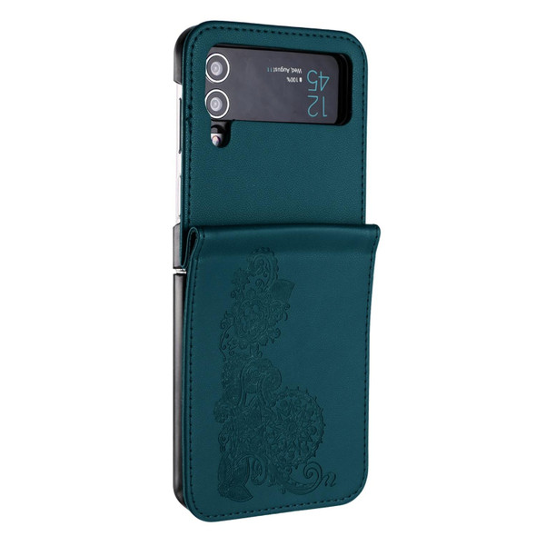 For Samsung Galaxy Z Flip4 5G Datura Flower Embossed Flip Leatherette Phone Case(Dark Green)