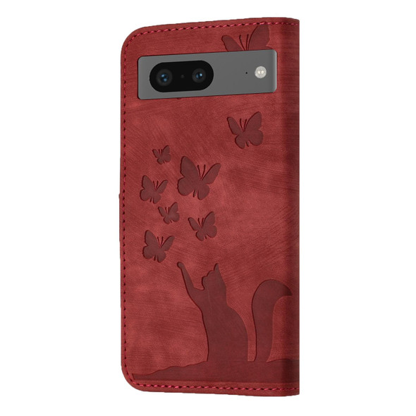 For Google Pixel 7 Butterfly Cat Embossing Flip Leatherette Phone Case(Red)