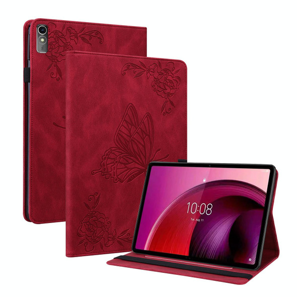 For Lenovo Tab M10 5G 10.6 inch Butterfly Flower Embossed Leatherette Tablet Case(Red)