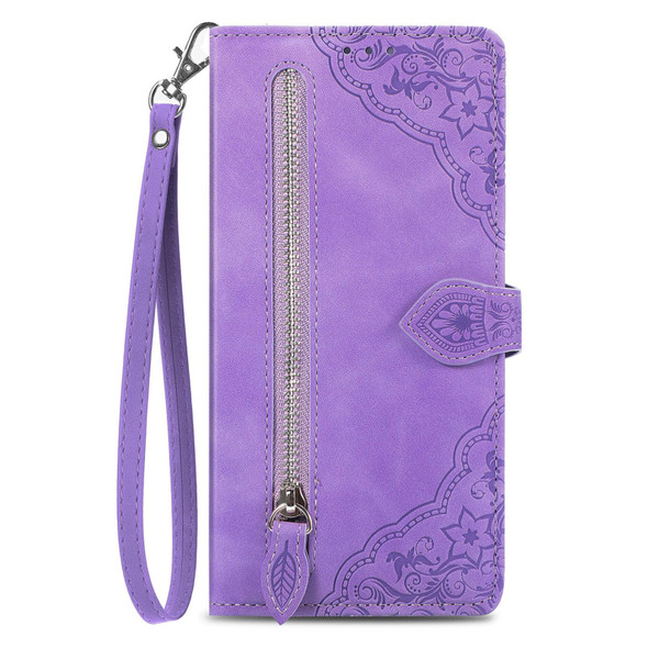 For Samsung Galaxy Note20 Embossed Flower Zipper Leatherette Phone Case(Purple)