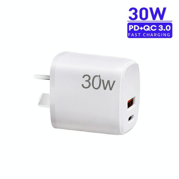 PD30W USB-C / Type-C + QC3.0 USB Dual Port Charger for iPhone 15 / iPad Series, AU Plug(White)