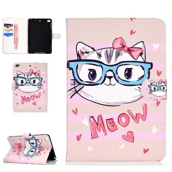 Colored Pattern Drawing Horizontal Flip PU Leatherette Case with Three-folding Holder & Sleep / Wake-up Function for Mini 1 / 2 / 3 / 4(Glasses cat)