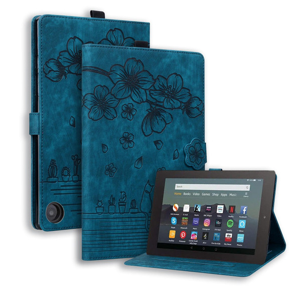 For Amazon Fire HD10 /HD10 Plus 2021 Cartoon Sakura Cat Embossed Smart Leatherette Tablet Case(Blue)