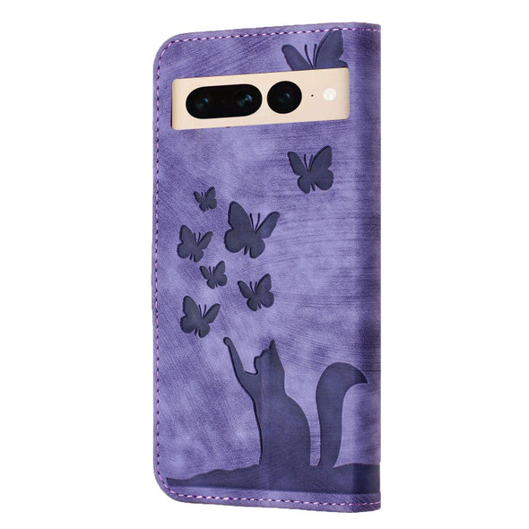 For Google Pixel 7 Pro Butterfly Cat Embossing Flip Leatherette Phone Case(Purple)