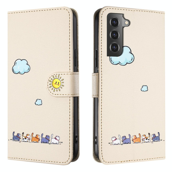 For Samsung Galaxy S21 5G Cartoon Cats Leatherette Phone Case(Beige White)