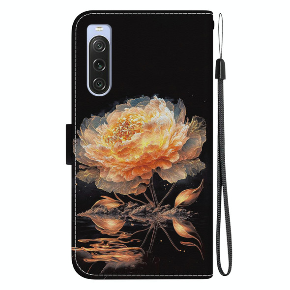 For Sony Xperia 10 V 2023 Crystal Texture Colored Drawing Leatherette Phone Case(Gold Peony)