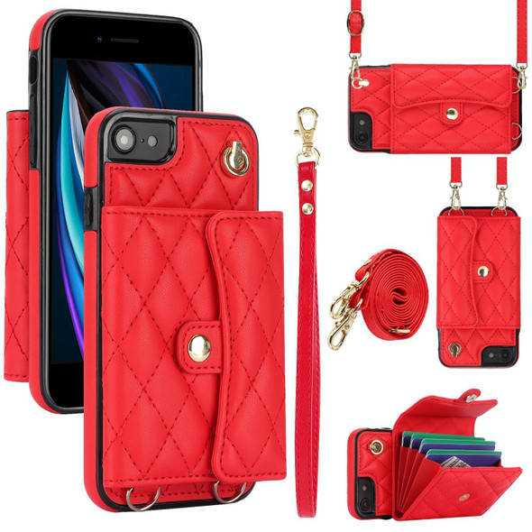 For iPhone SE 2022 / 2020 / 8 / 7 Crossbody Rhombic Horizontal Wallet Leatherette Phone Case(Red)