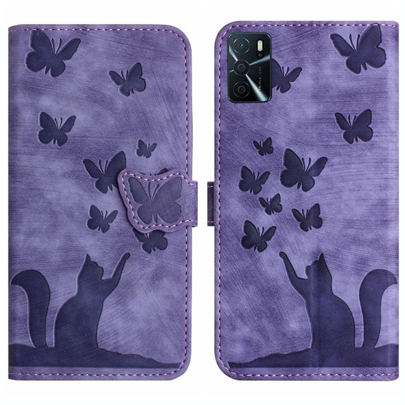 For OPPO A16/A16S/A54S/A53S/A55 Butterfly Cat Embossing Flip Leatherette Phone Case(Purple)