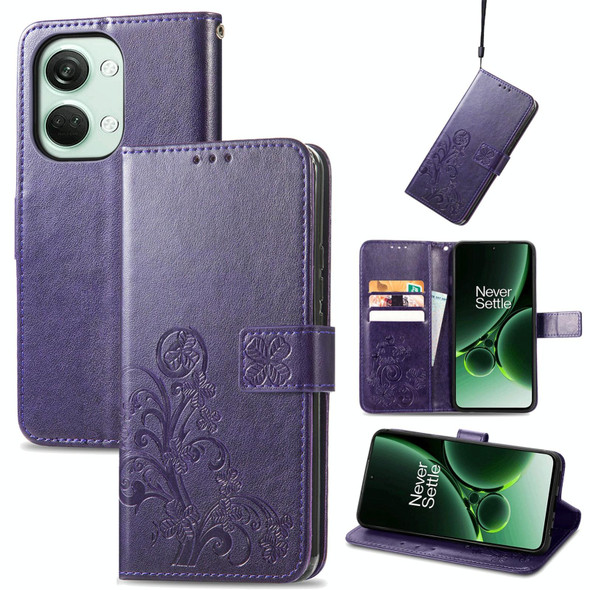 For OnePlus Nord 3 Four-leaf Clasp Embossed Buckle Leatherette Phone Case(Purple)