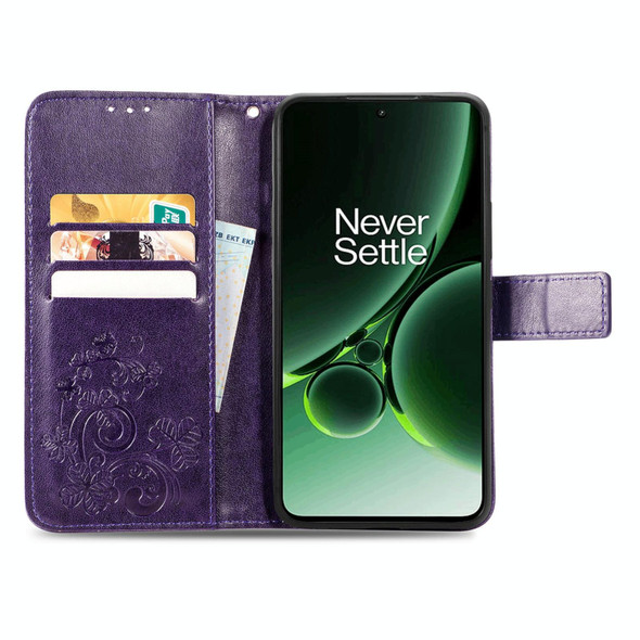 For OnePlus Nord 3 Four-leaf Clasp Embossed Buckle Leatherette Phone Case(Purple)