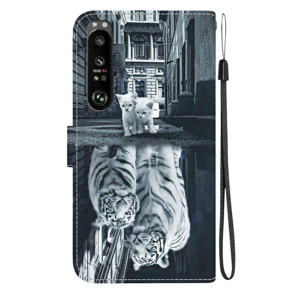 For Sony Xperia 1 III Crystal Texture Colored Drawing Leatherette Phone Case(Cat Tiger Reflection)