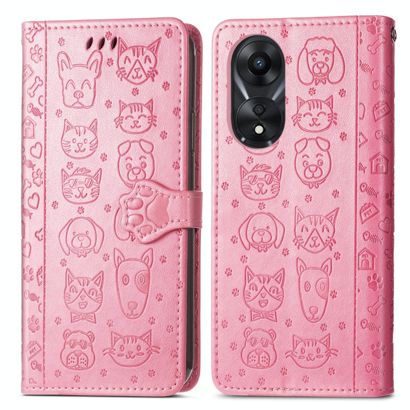 For Oppo A58 4G Cat and Dog Embossed Leatherette Phone Case(Pink)
