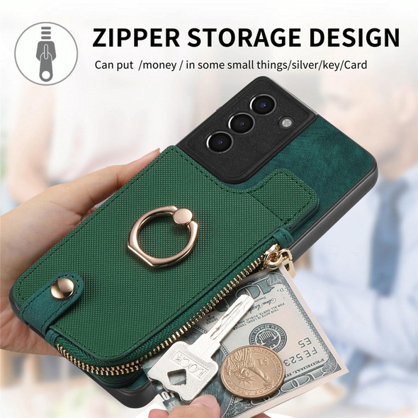 For Samsung Galaxy S21+ 5G Cross Leatherette Ring Vertical Zipper Wallet Back Phone Case(Green)