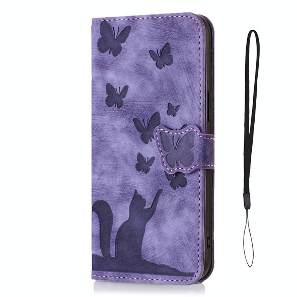 For Samsung Galaxy S21 FE 5G Butterfly Cat Embossing Flip Leatherette Phone Case(Purple)