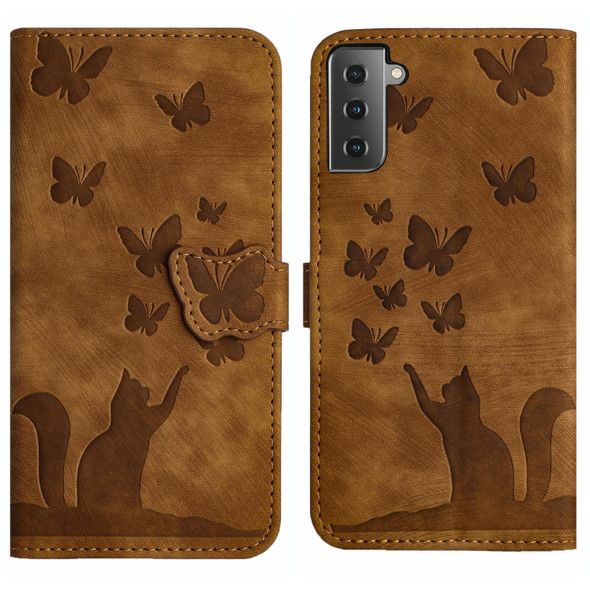 For Samsung Galaxy S21 FE 5G Butterfly Cat Embossing Flip Leatherette Phone Case(Brown)