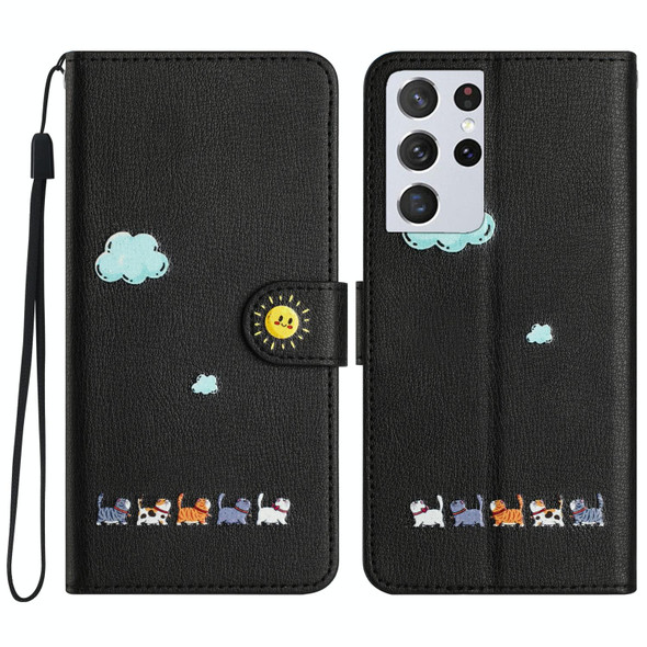 For Samsung Galaxy S21 Ultra 5G Cartoon Cats Leatherette Phone Case(Black)