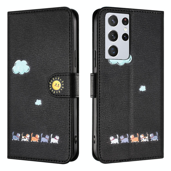 For Samsung Galaxy S21 Ultra 5G Cartoon Cats Leatherette Phone Case(Black)