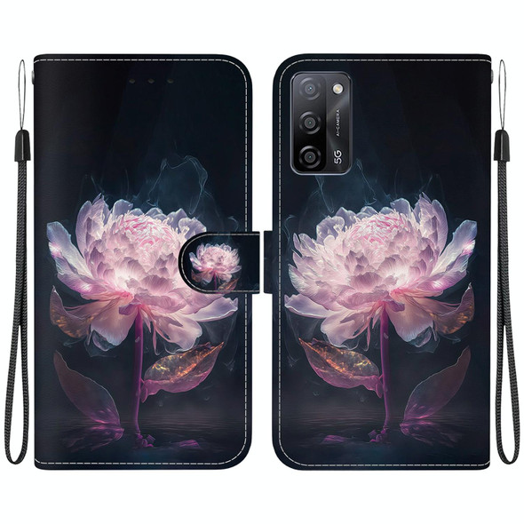 For OPPO A55 5G / A55s 5G Crystal Texture Colored Drawing Leatherette Phone Case(Purple Peony)