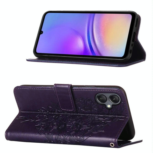 For Samsung Galaxy A05 Embossed Butterfly Leatherette Phone Case(Dark Purple)
