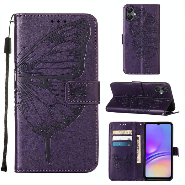 For Samsung Galaxy A05 Embossed Butterfly Leatherette Phone Case(Dark Purple)