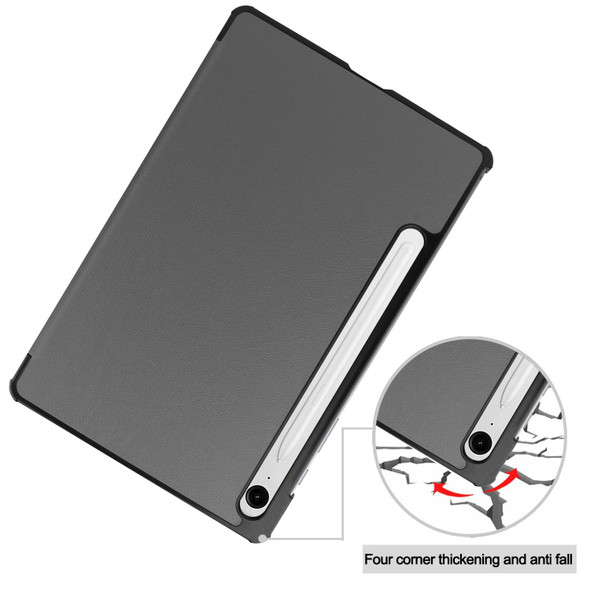 For Samsung Galaxy Tab S9 FE Custer Pure Color 3-Fold Holder Smart Leatherette Tablet Case(Grey)