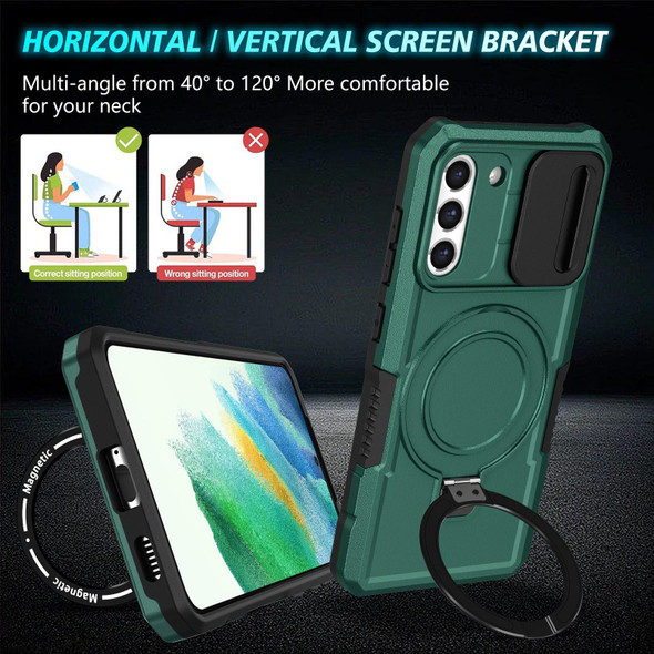 For Samsung Galaxy S21 FE 5G Sliding Camshield Magsafe Holder TPU Hybrid PC Phone Case(Deep Green)