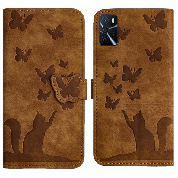 For OPPO A16/A16S/A54S/A53S/A55 Butterfly Cat Embossing Flip Leatherette Phone Case(Brown)