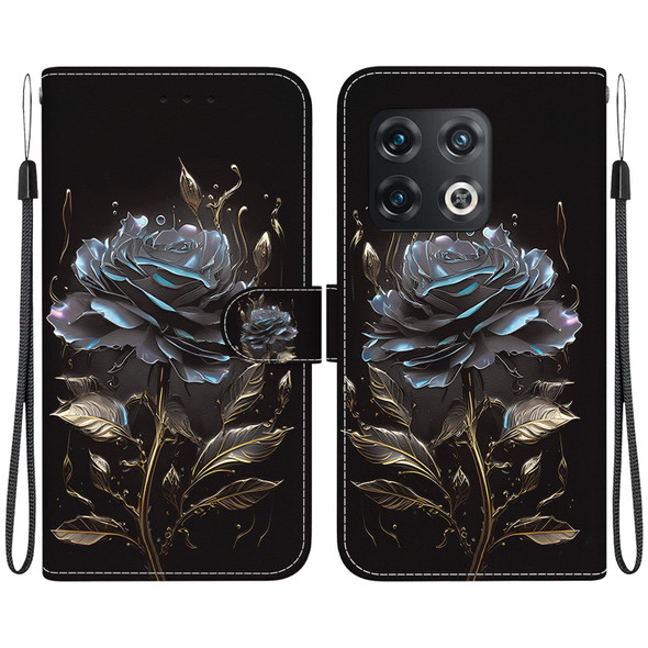 For OnePlus 10 Pro 5G Crystal Texture Colored Drawing Leatherette Phone Case(Black Rose)