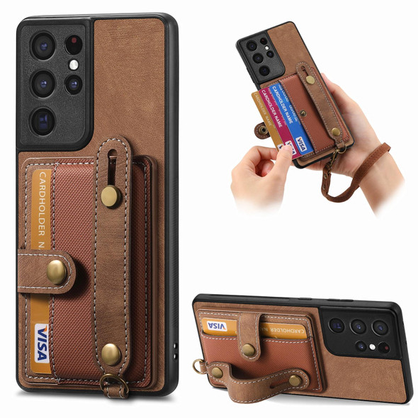 For Samsung Galaxy S21 Ultra 5G Retro Cross Wristband Wallet Leatherette Back Phone Case(Brown)