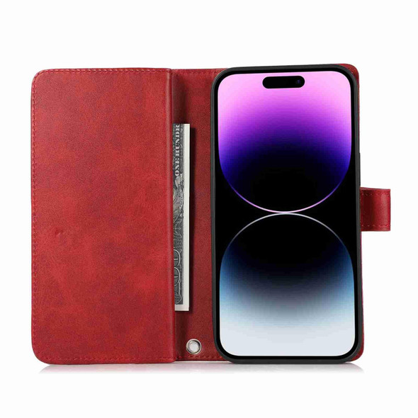 For iPhone 15 Wristband Card Slot Leatherette Phone Case(Red)