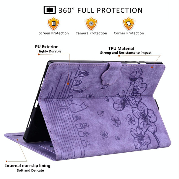 For iPad Pro 12.9 2022 / 2021 Cartoon Sakura Cat Embossed Smart Leatherette Tablet Case(Purple)