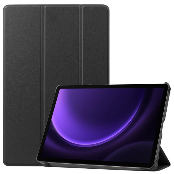 For Samsung Galaxy Tab S9 FE Custer Pure Color 3-Fold Holder Smart Leatherette Tablet Case(Black)
