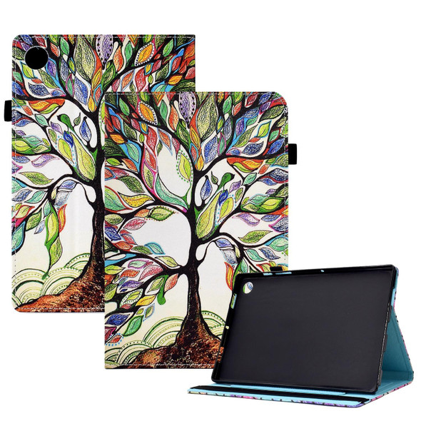 For Samsung Galaxy Tab A9 Colored Drawing Stitching Elastic Band Leatherette Smart Tablet Case(Life Tree)