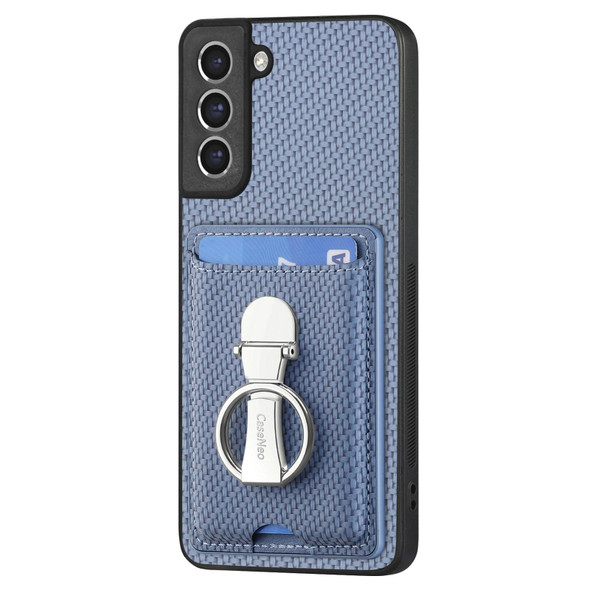 For Samsung Galaxy S21 FE 5G Carbon Fiber Card Wallet Folding Ring Holder Phone Case(Blue)