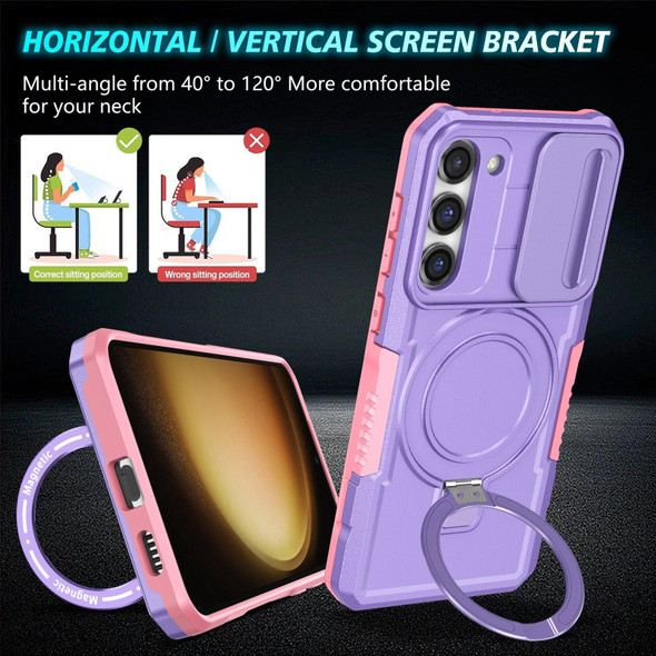For Samsung Galaxy S23 5G Sliding Camshield Magsafe Holder TPU Hybrid PC Phone Case(Pink Purple)