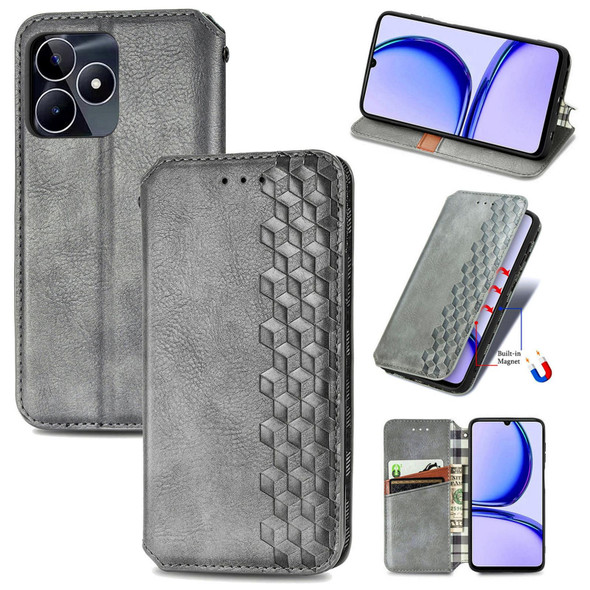 For Realme C53 Cubic Grid Pressed Magnetic Leatherette Phone Case(Grey)