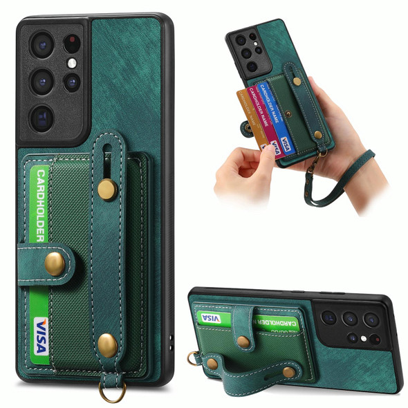 For Samsung Galaxy S21 Ultra 5G Retro Cross Wristband Wallet Leatherette Back Phone Case(Green)
